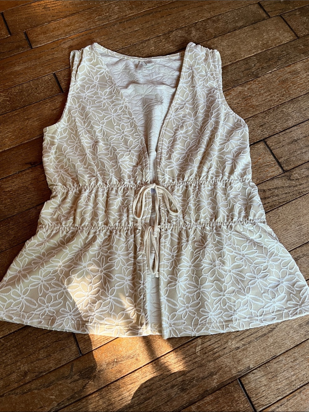 Cato Cream Floral Eyelet Tie-Waist Peplum Vest